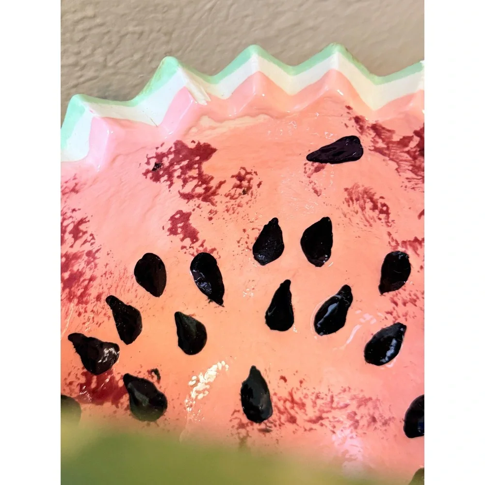 Vintage‎ Watermelon Ceramic Basket Hand Painted Pink Green Fruit Decor 11in